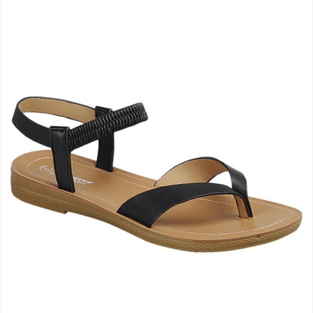 137. Cute Black Faux Leather Summer Sandals with brown sole